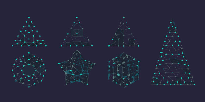Collection of various geometric shapes made of connected dots and lines