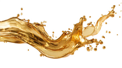 A stream of liquid moves in a flowing shape, creating splashes of droplets around it. The background is plain and bright, highlighting the movement of the fluid.