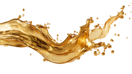 A stream of liquid moves in a flowing shape, creating splashes of droplets around it. The background is plain and bright, highlighting the movement of the fluid.