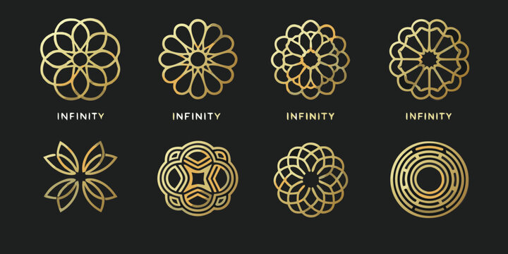Elegant gold floral and geometric designs with the word infinity displayed