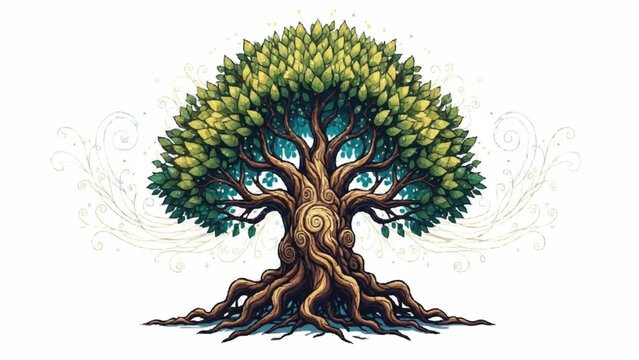 Beautiful and mystical illustration of the tree of life with intricate roots, a powerful trunk, and a lush canopy surrounded by swirling magic.