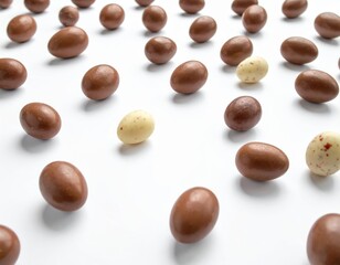 Chocolate Eggs on White Surface with Spotted and Solid Variations