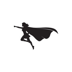 Superhero woman silhouette illustration. Simple icon with woman in cape with superpowers on white background