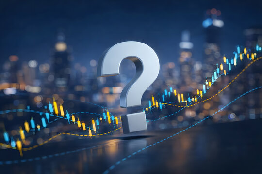 A large question mark sits on a table with stock market graphs in the background at night