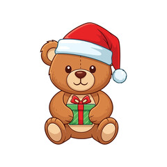 Teddy Bear Wearing Santa Hat Holding Gift.