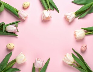 Fototapeta premium Soft Pink Tulips and Easter Eggs on Gentle Pastel Background