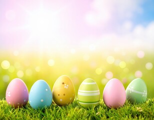 Fototapeta premium Colorful Easter Eggs Arranged on Green Grass Under Bright Sunlight