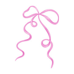 Obraz premium Watercolor pink bow, ribbon silk, illustration for design and print.