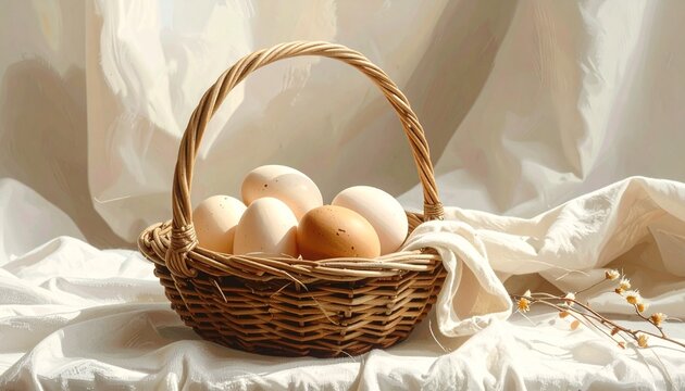 Osterkorb mit Eiern auf Leinentuch