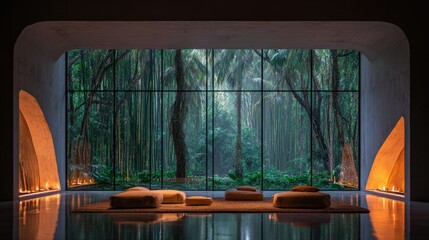 Minimalist interior space features low seating arrangement facing a vast floor to ceiling window overlooking a dense tropical forest