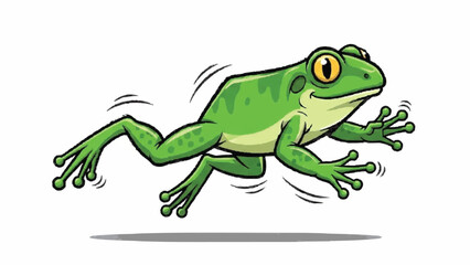 Obraz premium Dynamic cartoon illustration of a green frog in mid-leap, with its legs extended and a happy expression, isolated on a white background.
