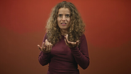 Woman raises hands toward face in studio, curly hair, maroon top, palms visible and puzzled...