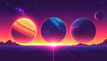 Three colorful planets align over digital grid landscape under vibrant purple and orange synthwave sunset sky with stars