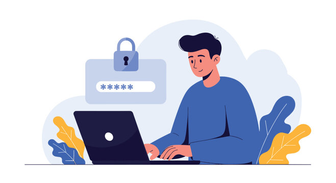 Young man sitting with his laptop and entering a password for online security, with a secure login interface in the background.