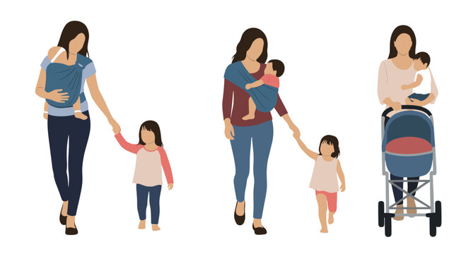 Set of three vector illustrations showing a mother with two children, carrying a baby in a sling and walking with her daughter or pushing a stroller.