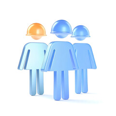 A 3D icon of three isolated people wearing hard hats on a white background