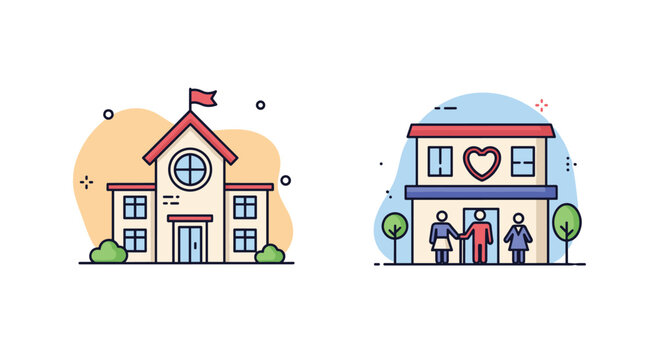 Simple line icons with color accents representing a school building and a foster home or orphanage, symbolizing education and child welfare.