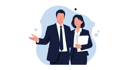 Professional man and woman in dark business suits standing together as a team, representing corporate partnership and collaboration.