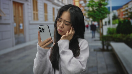 Fototapeta premium Young chinese woman looking at smartphone with puzzled expression on a city street outdoors, suggesting confusion or concern in urban setting.