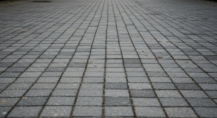 A close-up view of a paved walkway made of gray bricks arranged in a grid pattern