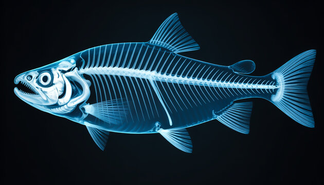 A detailed X-ray style photograph of a salmon fish skeleton against a pure black background