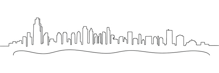 modern city scape continuous one line vector drawing, metropolis architecture panoramic landscape, new york skyscrapers hand-drawn silhouette, apartment buildings, urban skyline, and minimal line art. © ABUBOKKORsiddik