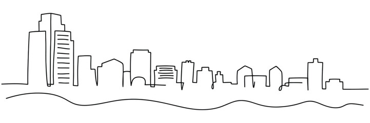 modern city scape continuous one line vector drawing, metropolis architecture panoramic landscape, new york skyscrapers hand-drawn silhouette, apartment buildings, urban skyline, and minimal line art. © ABUBOKKORsiddik