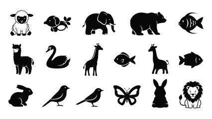 Fototapeta premium Large set of animal and bird silhouette icons in black and white including an elephant, lion, swan, and butterfly for logos.