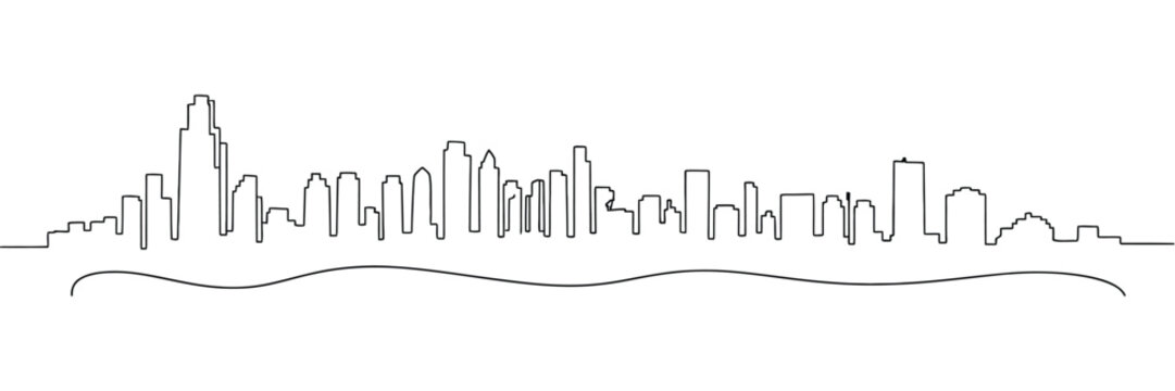 modern city scape continuous one line vector drawing, metropolis architecture panoramic landscape, new york skyscrapers hand-drawn silhouette, apartment buildings, urban skyline, and minimal line art.