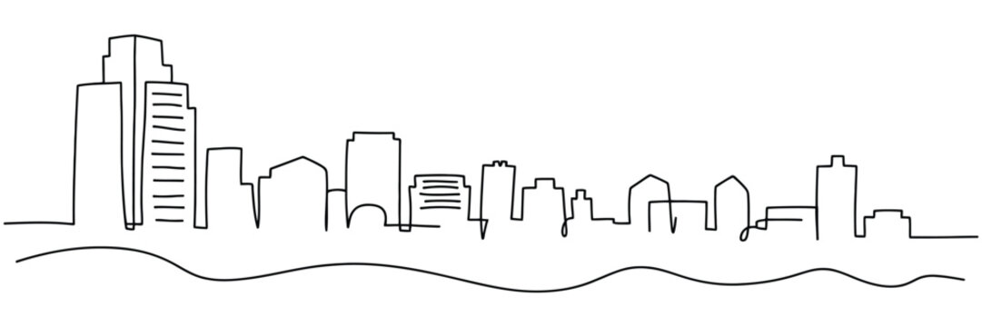 modern city scape continuous one line vector drawing, metropolis architecture panoramic landscape, new york skyscrapers hand-drawn silhouette, apartment buildings, urban skyline, and minimal line art.
