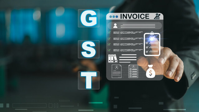 Conceptual image of goods and services tax with digital invoice interface, representing business finance, accounting systems, tax compliance, income reporting, and modern financial 