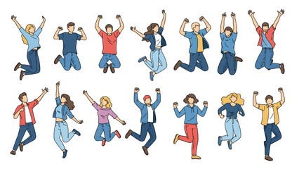 Fototapeta premium Large group of diverse young men and women jumping for joy in various energetic poses with arms raised in celebration.
