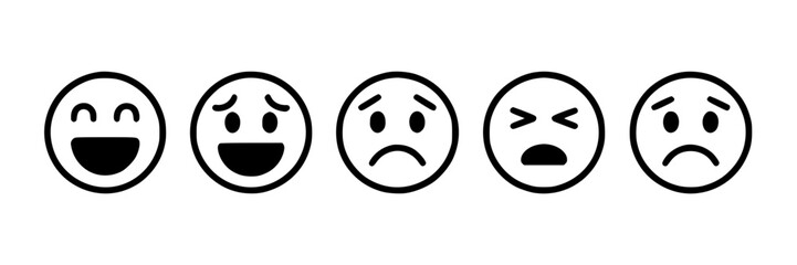 Obraz premium Five black line‑art emoticon faces arranged side by side, each showing a different expression