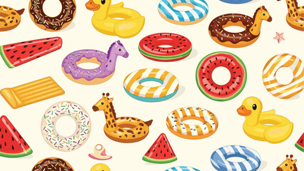 Fun seamless pattern of various inflatable pool floats shaped like donuts, ducks, giraffes, and fruit slices on a beige background.