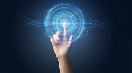 A human hand gracefully touches a glowing blue circular interface with concentric rings and radiating light lines symbolizing digital interaction finger technology futuristic innovation