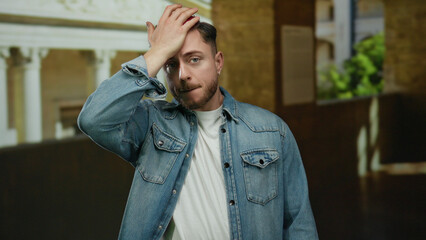 Obraz premium Young man with beard in denim jacket stands indoors at university with classical architecture in the background suggesting academia setting.