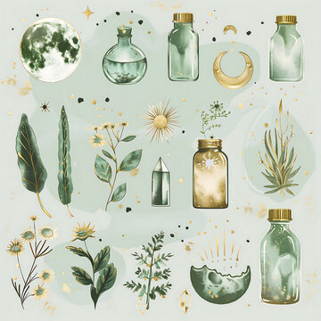 A set of paper cutouts with mystical themes: individual illustrations of hand-drawn mystical plants, crystal flasks, and phases of the moon.