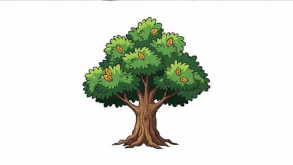 Obraz premium A classic cartoon illustration of a strong, mature deciduous tree with a thick, textured trunk, visible roots, and a lush canopy of green leaves.