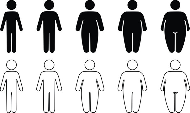 Body Weight Evolution Silhouette Icon Set &ndash; Underweight to Obese Human Figure Pictogram Vector Illustration