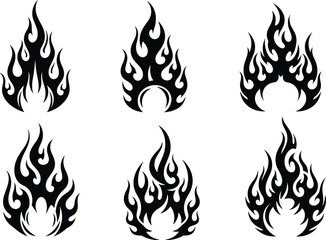 Flame silhouette icons set with fire shapes for tattoo logo branding design vector illustration isolated on white background