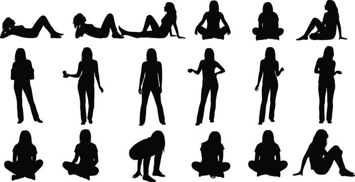 Collection of black female silhouettes in various casual poses including sitting on the floor reclining and standing for lifestyle and wellness concepts
