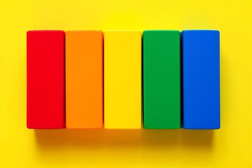 Colorful rectangular blocks in rainbow colors standing upright on yellow surface for decoration or education purposes