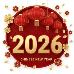 Golden 2026 number on red background with lanterns and plum flowers