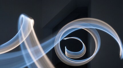 Abstract Light Painting Swirls In A Dark Room With Soft White And Blue Hues