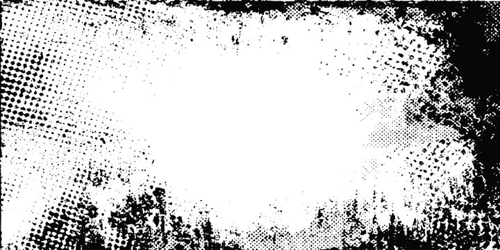Black and White Halftone Dot Pattern Texture with Scattered Speckles.Abstract grainy background featuring distressed dots and subtle noise for modern graphic design.