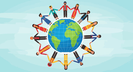 Earth and Globe Surrounded by Diverse People Holding Hands in a Stylized Illustration