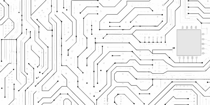 Intricate circuit board design with pathways and a central integrated circuit