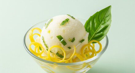 Zesty lemon basil sorbet scoop with citrus peel and fresh herb leaf in glass bowl. Refreshing summer treat photography on pale green background.