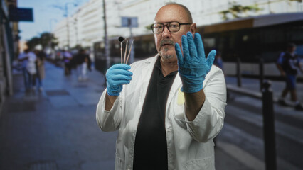 Man dentist in white coat holds dental mirror and probe, gloved hand raised on a city street;...