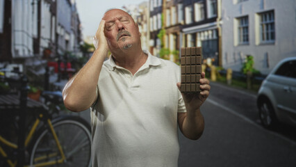 Fototapeta premium Senior man holds chocolate bar, palm pressed to temple, eyes closed, standing on a street beside a bicycle and parked car in an urban lane; fatigue craving.